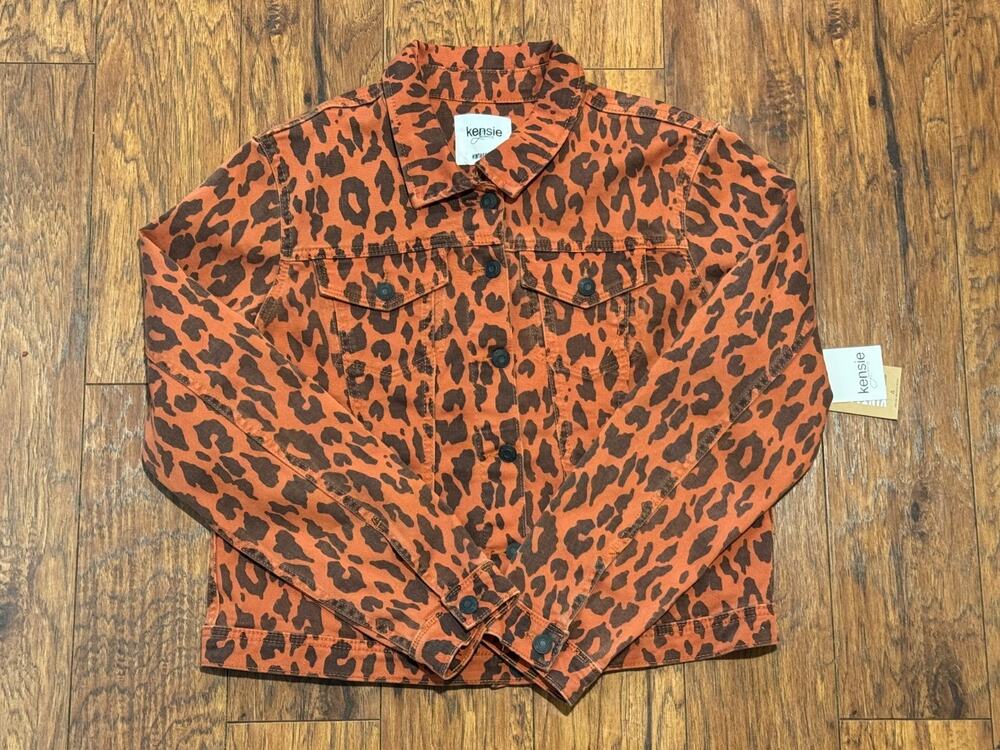 Kensie Jeans Vintage Baked Clay Leopard Print Jacket Button Front Pockets-Size L